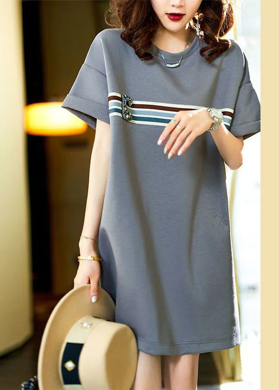 Casual Grey O Neck Zircon Patchwork Cotton T Shirt Dresses Summer Tartan Shirt Gown