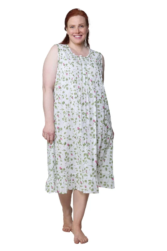 La Cera Sleeveless Rose Vine 100% Cotton Gown - Plus Size Flattering Plus Dress