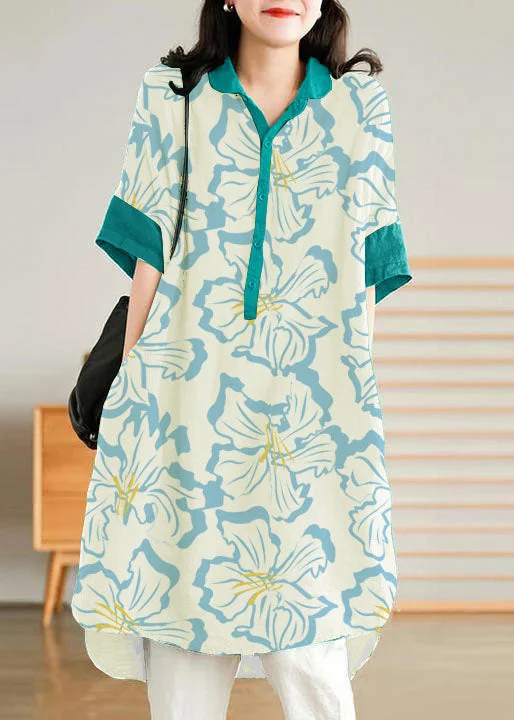 Jade Blue flower Linen Women Casual Linen Shirt Dress Blue Shirt Dress