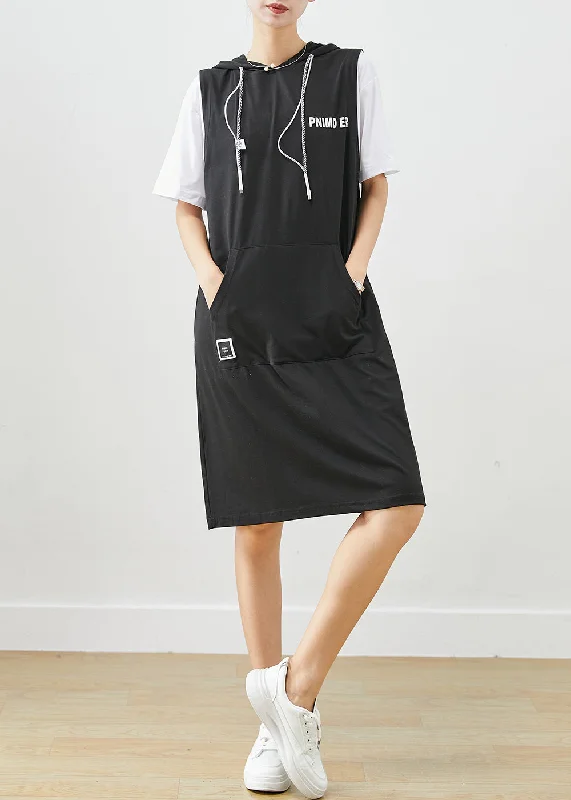 Style Black Hooded Patchwork Pockets Cotton Sweatshirt Dress Summer Silk Shirt Dress Style Black Hooded Patchwork Pockets Cotton Sweatshirt Dress Summer Silk Shirt Dress