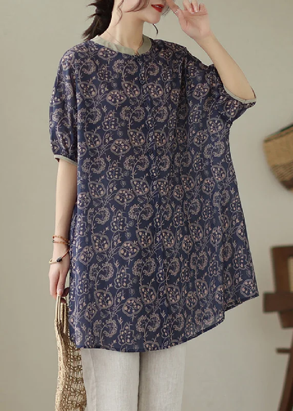 Navy Patchwork Linen Shirt Dress Oversized Print Summer Shirt Dress Look