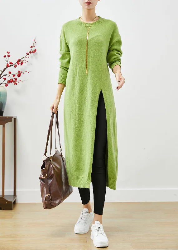 Grass Green Oversized Knit Sweater Dress Side Open Fall Cozy Knit Dress