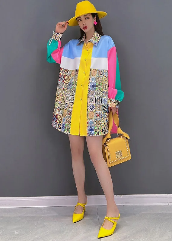 Bohemian Colorblock Peter Pan Collar Print Silk Shirt Top Long Sleeve Wrap Shirt Dress Bohemian Colorblock Peter Pan Collar Print Silk Shirt Top Long Sleeve Wrap Shirt Dress