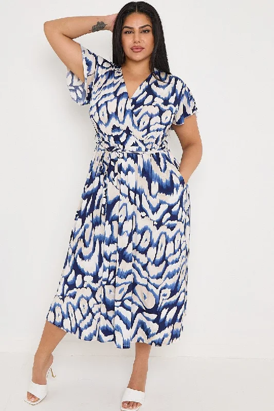 Plus Size Navy Printed Wrap Tie Waist Dress With Pockets Plus Size Wrap