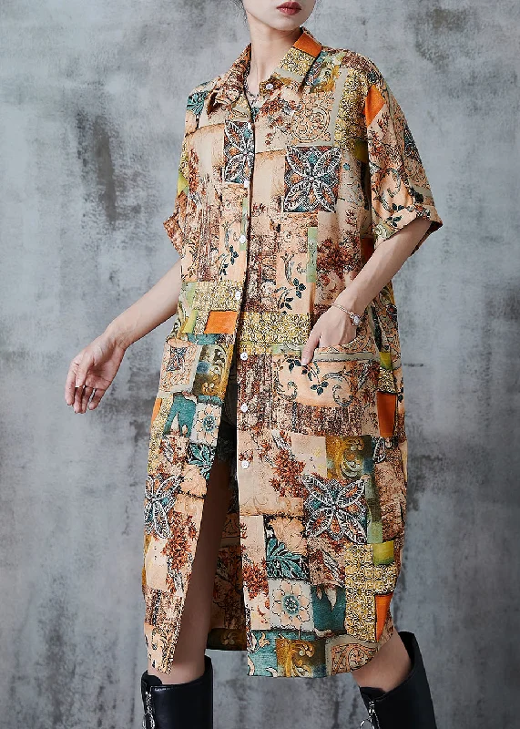 Casual Khaki Oversized Print Chiffon Shirt Dress Summer Fashionable Shirt Dress