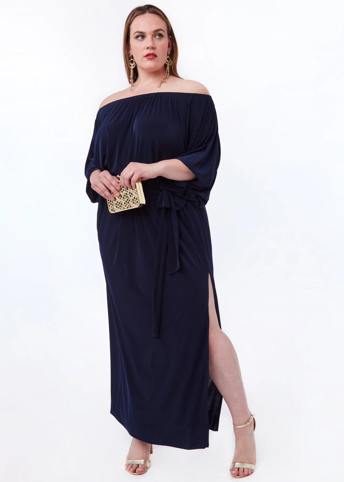 Goddiva Plus Size Off The Shoulder Multiway Maxi Dress With Slit in Navy Plus Size Fit Goddiva Plus Size Off The Shoulder Multiway Maxi Dress With Slit in Navy Plus Size Fit