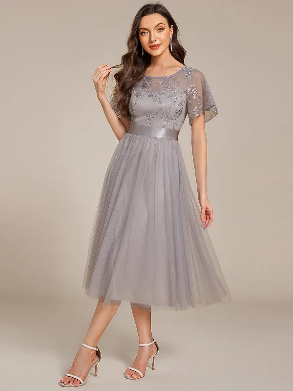 Graceful Embroidery See-through Round Neck Tulle Bridesmaid Dresses Ruffled Tulle Dress Graceful Embroidery See-through Round Neck Tulle Bridesmaid Dresses Ruffled Tulle Dress