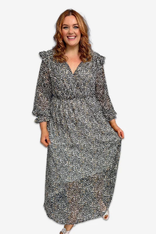 V-Neck Beige and Black Animal Print Plus Size Dress Plus Size Trendy