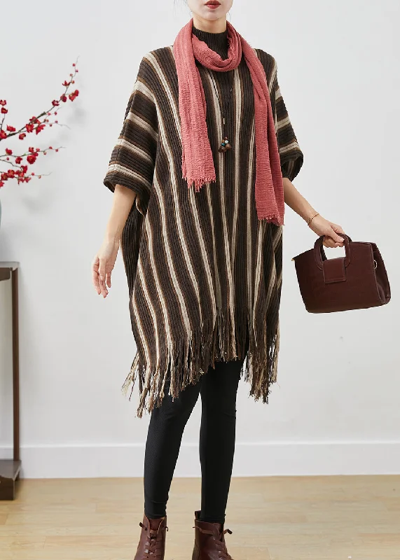 Boutique Brown Tasseled Striped Knit Sweater Dress Batwing Sleeve Fall Knit Sweater