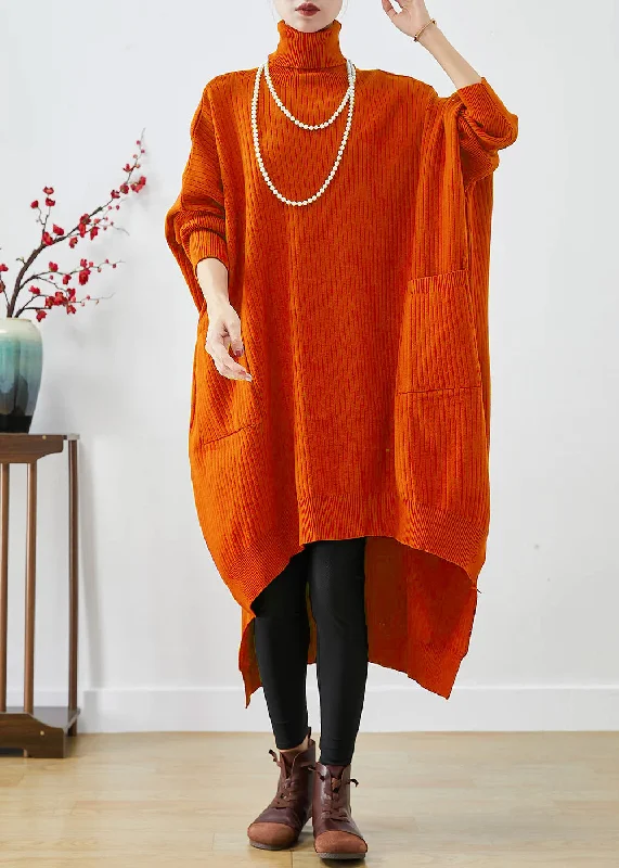 Orange Oversized Knit Sweater Dress Turtle Neck Asymmetrical Batwing Sleeve Stylish Knit Dress Orange Oversized Knit Sweater Dress Turtle Neck Asymmetrical Batwing Sleeve Stylish Knit Dress