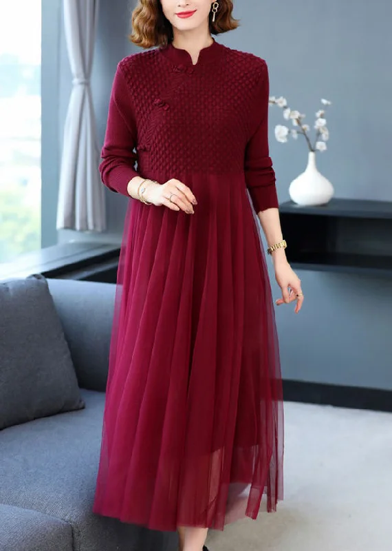 Women Wine Red Wrinkled Patchwork Knit Sweater Dress Long Sleeve Sweater Dress Lookbook Women Wine Red Wrinkled Patchwork Knit Sweater Dress Long Sleeve Sweater Dress Lookbook