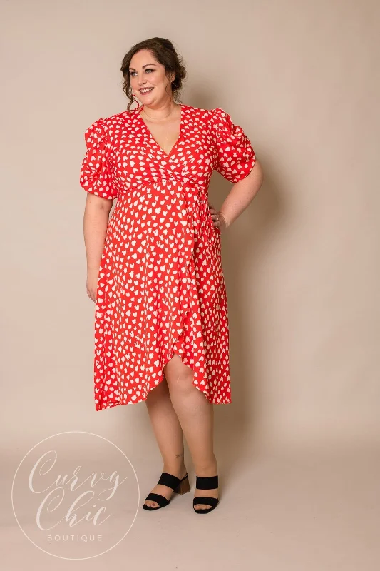 Red Printed Plus Size Midi Dress with Puff Sleeves Plus Size Formal