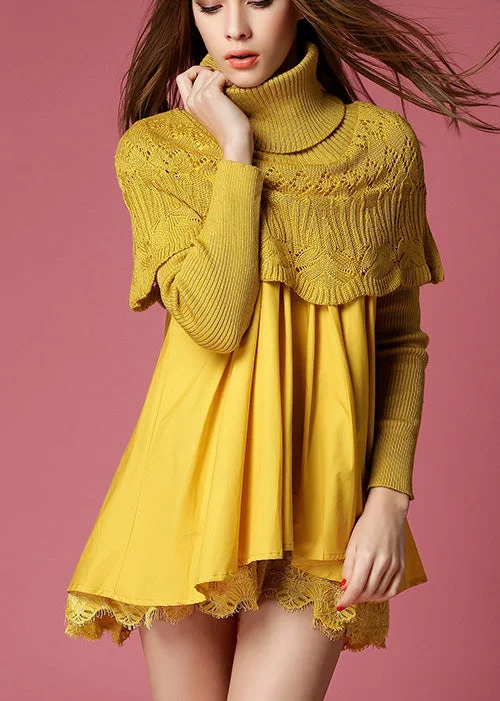 Modern Yellow Turtleneck Knit Patchwork A Line Winter Sweater dress Sweater Dress Casual