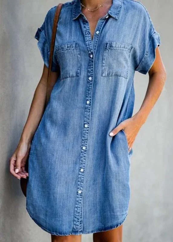 Diy Blue Peter Pan Collar Pockets Denim Shirt Dress Summer Pleated Shirt Gown