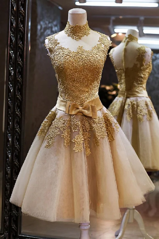 Gorgeous High Neck Sleeveless Golden Appliques Tulle Short Prom Dress-319512 A-line Tulle Gown Gorgeous High Neck Sleeveless Golden Appliques Tulle Short Prom Dress-319512 A-line Tulle Gown