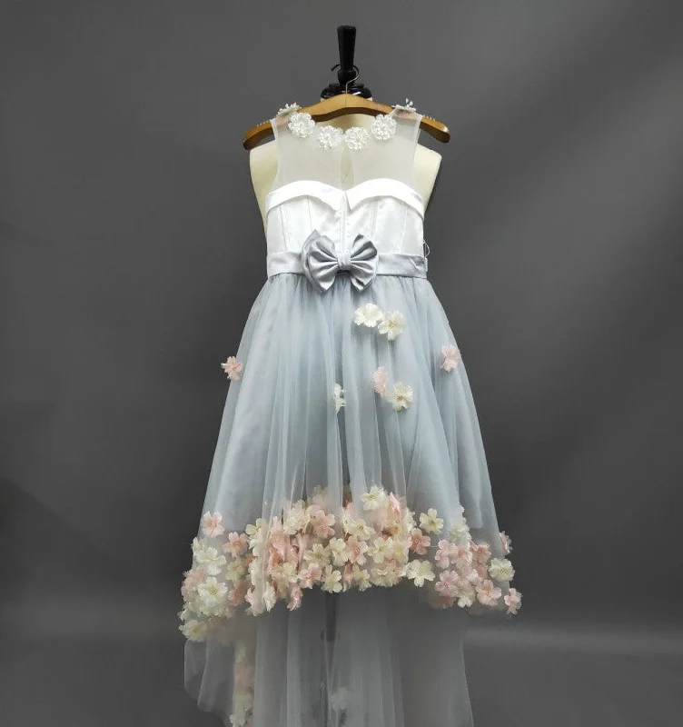Sleeveless Pearl Neckline High Low Tulle Dress With Flowers Tulle Maxi Dress