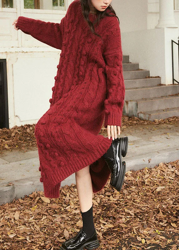 Natural Purplish Red O-Neck Cable Cotton Knit Sweater Maxi Dress Long Sleeve Winter Knit Dress Natural Purplish Red O-Neck Cable Cotton Knit Sweater Maxi Dress Long Sleeve Winter Knit Dress