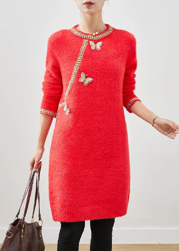 Beautiful Red Butterfly Knit Sweater Dress Winter Slouchy Sweater Dress