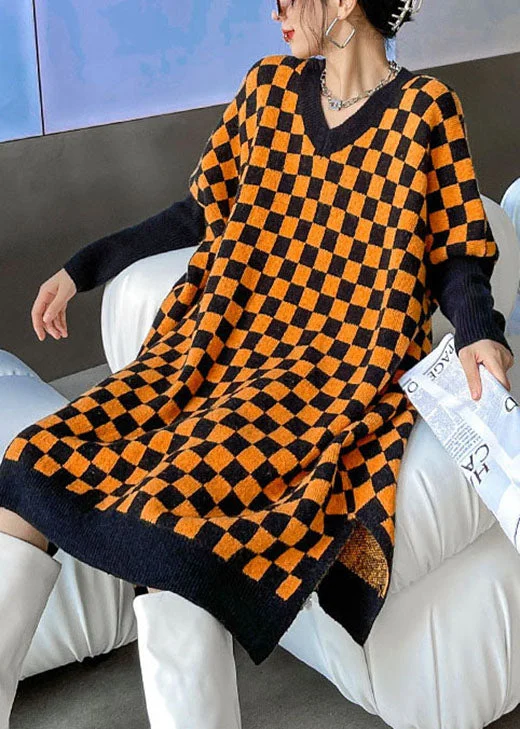 Boutique Orange Black Plaid Thick cozy Winter Long Sweater Long Knit Sweater Dress