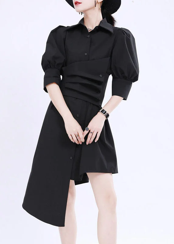 French Black Asymmetrical Design Solid Color Cotton Shirt Dress Lantern Sleeve Black Shirt Dress French Black Asymmetrical Design Solid Color Cotton Shirt Dress Lantern Sleeve Black Shirt Dress