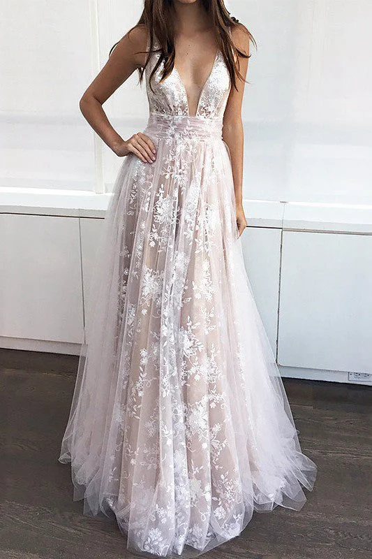 A-Line Lace Tulle V-neck Sleeveless Deep-V Back Prom Evening Dress-333870 Tulle Dress Vibe A-Line Lace Tulle V-neck Sleeveless Deep-V Back Prom Evening Dress-333870 Tulle Dress Vibe