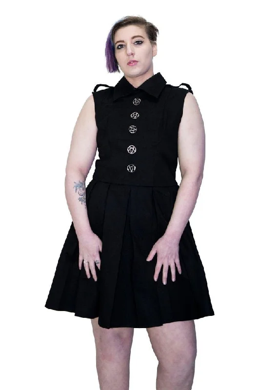 Occult Silver Pentagram Buttons Black Plus Size Midi Dress - Hattie Boho Plus Dress