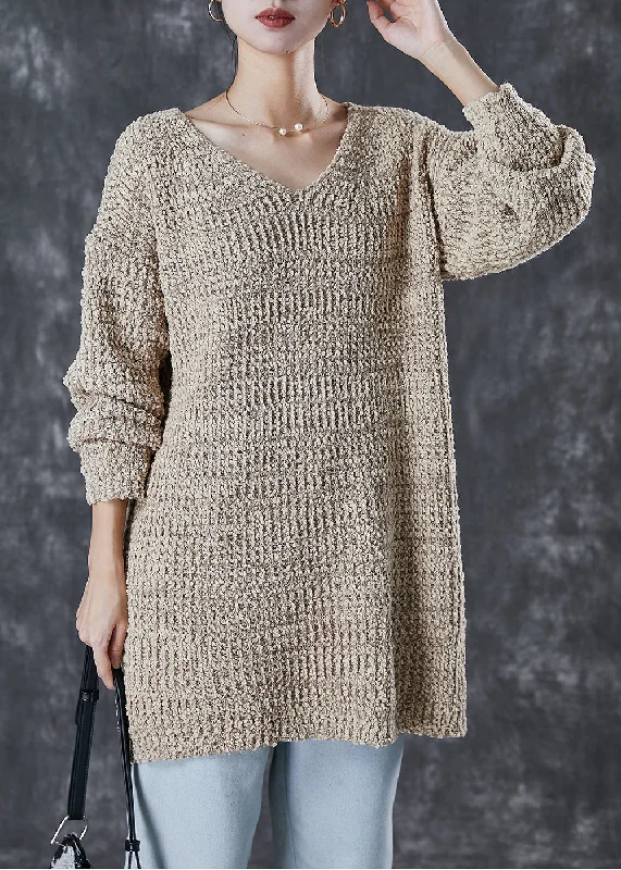 Style Khaki V Neck Oversized Knit Sweater Dress Winter Warm Wool Sweater