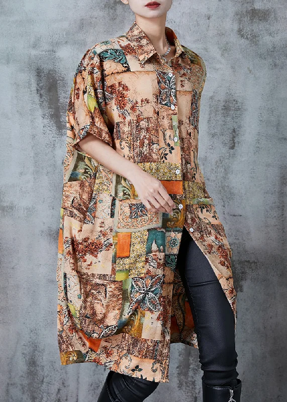 Art Khaki Oversized Print Chiffon Shirt Dress Summer Classic Button Shirt