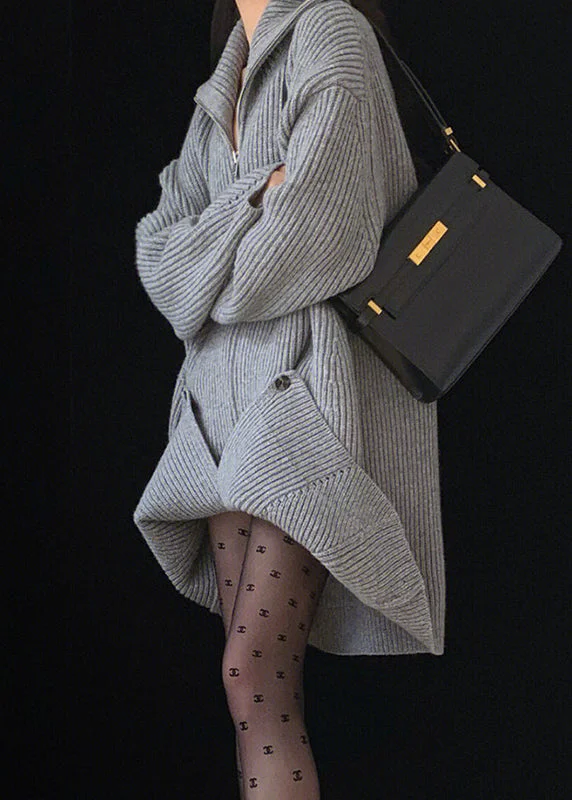Loose Grey Peter Pan Collar Zip Up Knit Sweater Dress Fall Chunky Sweater Dress