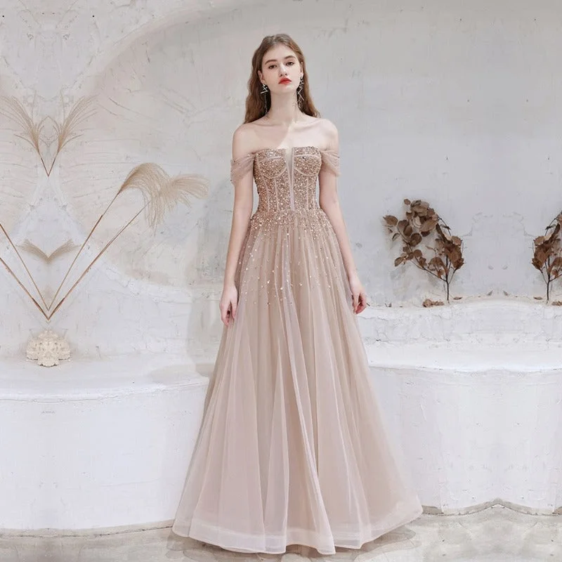 Off the Shoulder A-Line Tulle Prom Evening Dress Tulle Wedding Gown