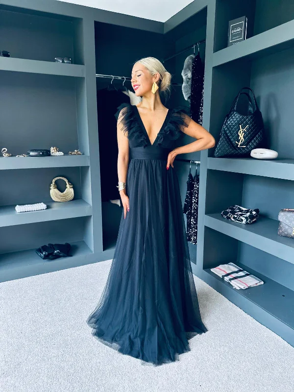 Crystal Tulle Maxi Dress Black Tulle Cocktail Dress
