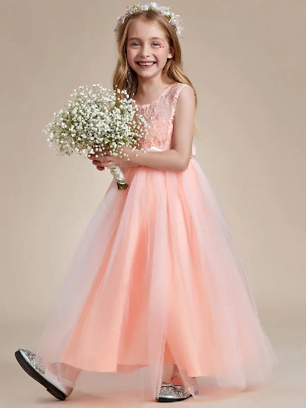 Princess Bow Sleeveless Lace Tulle Flower Girl Dresses Short Tulle Dress