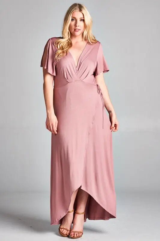 Mauve Plus Size Wrap Style Maxi Hi-Low Jersey Dress Plus Size Jumpsuit