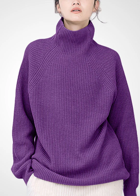 Women Purple Turtle Neck Cozy Wool Sweater Tops Winter Sweater Dress Trendy