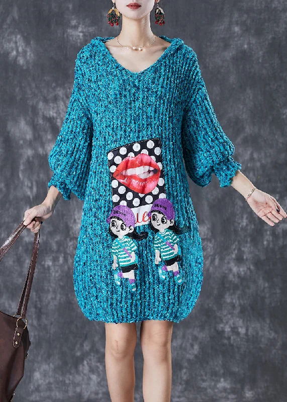 Modern Blue Hooded Character Applique Knit Sweater Dress Fall Cozy Knit Gown