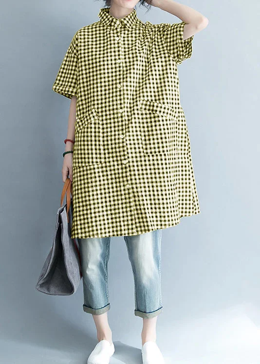 Unique black Yellow cotton linen shirts women stylish lapel pockets oversized Summer shirts White Shirt Dress