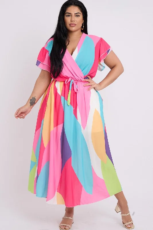 Plus Size Pink Printed Wrap Tie Waist Short Layered Sleeves Dress with Pockets Elegant Plus Size Dress