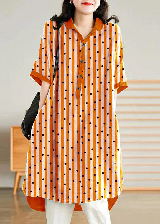 Jade orange stripes polka dots Linen Women Casual Linen Shirt Dress Tartan Shirt Gown