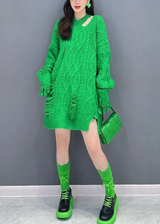 Style Green Tasseled Ripped Patchwork Knit Mid Sweater Dress Fall Lightweight Sweater Dress Style Green Tasseled Ripped Patchwork Knit Mid Sweater Dress Fall Lightweight Sweater Dress