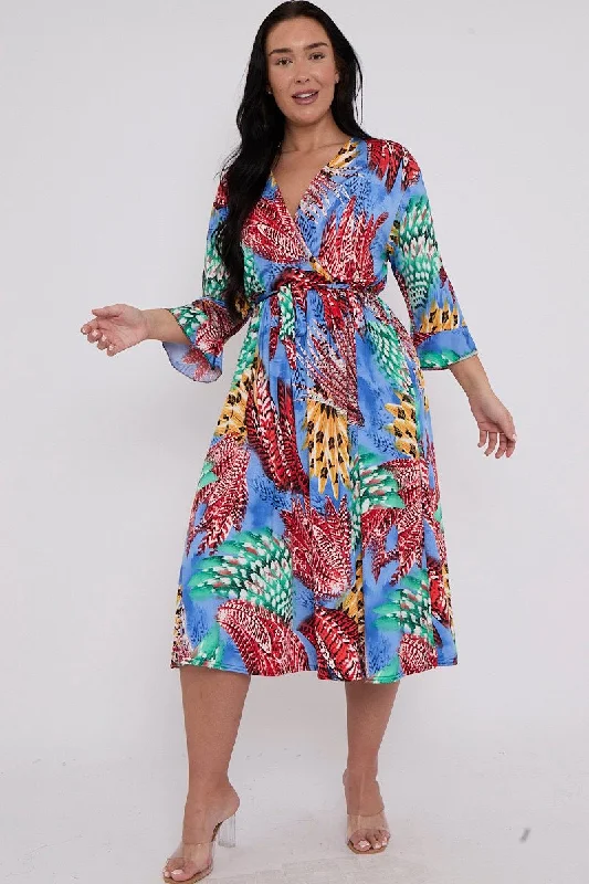 Plus Size Multi Vibrant Printed Wrap Tie Waist Dress With Pockets Bold Plus Size