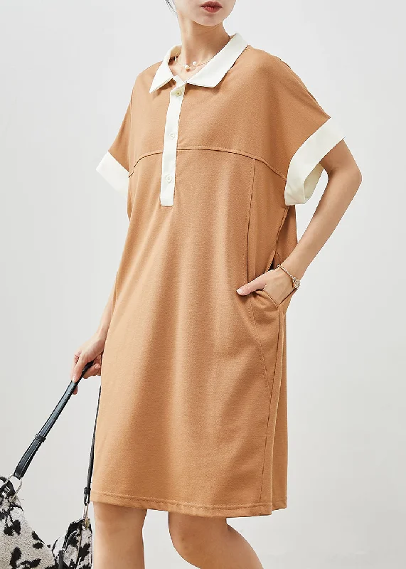 Khaki Patchwork Cotton Sweatshirts Dress Oversized Summer Relaxed Shirt Dress