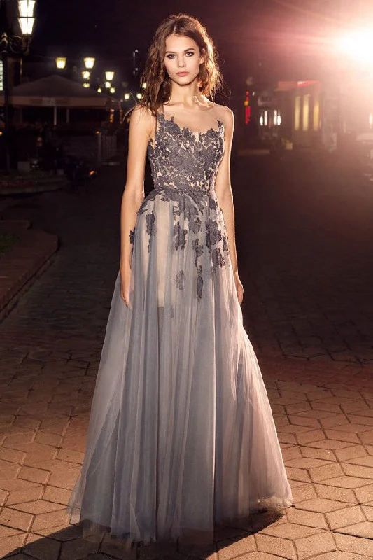A-Line Maxi Bateau Sleeveless Tulle Low-V Back Evening Dress With Appliques And Pleats-MK_333464 Stylish Tulle Gown A-Line Maxi Bateau Sleeveless Tulle Low-V Back Evening Dress With Appliques And Pleats-MK_333464 Stylish Tulle Gown