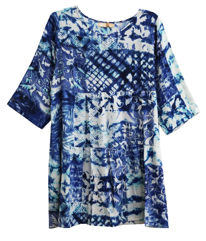 La Cera Plus Size Tiered Batik Print Swing Top Plus Size Long