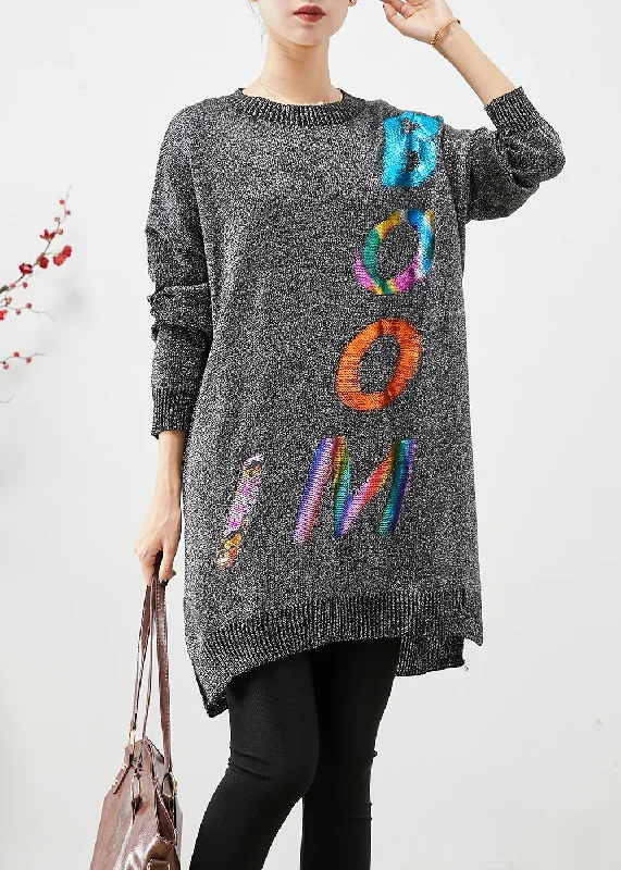Italian Grey Oversized Letter Print Knit Sweater Dress Fall Comfy Sweater Dress