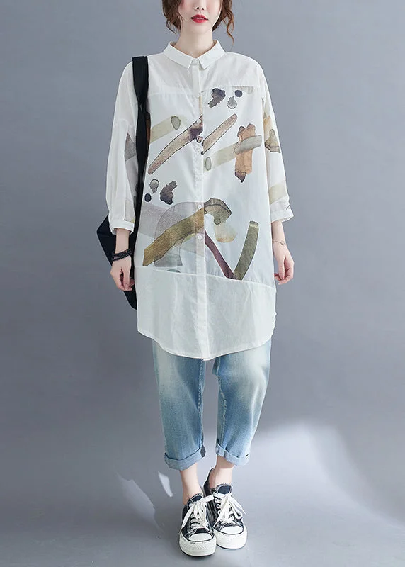 Fine White Print Patchwork Cotton Shirt Dress Fall Silk Shirt Dress
