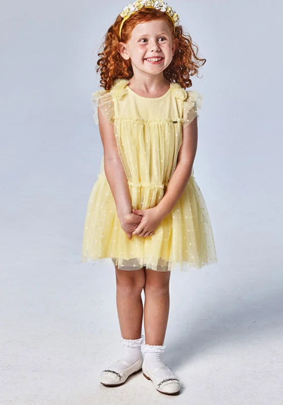Mayoral Girls Frilled Tulle Dress, Lemon Yellow Chic Tulle Dress