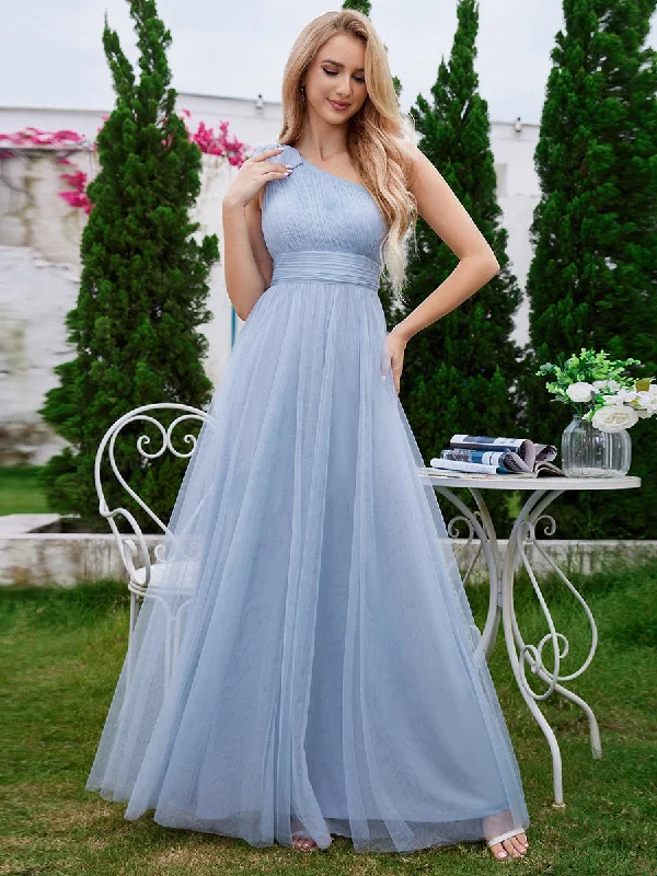 Elegant Asymmetric Shoulder Streamer Pleated decoration Tulle Dresses with Bowknot White Tulle Dress Elegant Asymmetric Shoulder Streamer Pleated decoration Tulle Dresses with Bowknot White Tulle Dress