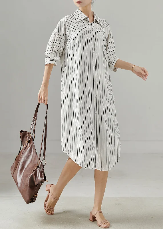 Women White Peter Pan Collar Striped Cotton Shirt Dresses Fall Button-up Shirt Dress Women White Peter Pan Collar Striped Cotton Shirt Dresses Fall Button-up Shirt Dress