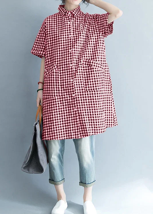 Unique black Red cotton linen shirts women stylish lapel pockets oversized Summer shirts Boho Shirt Dress