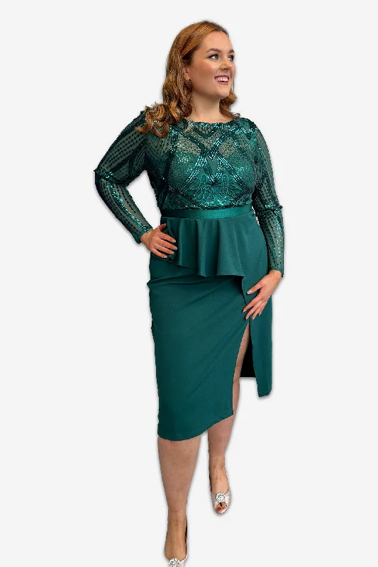 Emerald Sequin Bodice with Front Frill Plus Size Midi Dress Stylish Plus Size